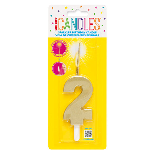 Gold Sparkler Birthday Candle Numeral 2