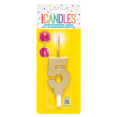 Gold Sparkler Birthday Candle Numeral 5