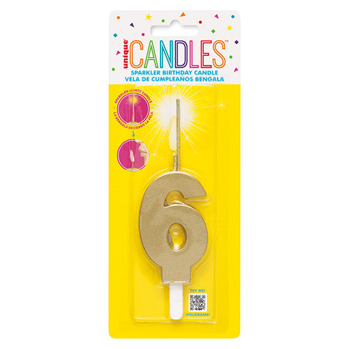 Gold Sparkler Birthday Candle Numeral 6