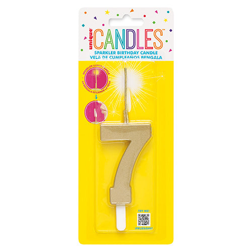 Gold Sparkler Birthday Candle Numeral 7