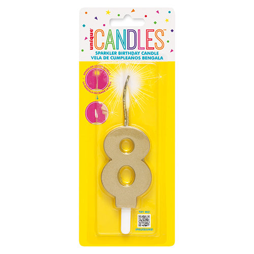 Gold Sparkler Birthday Candle Numeral 8