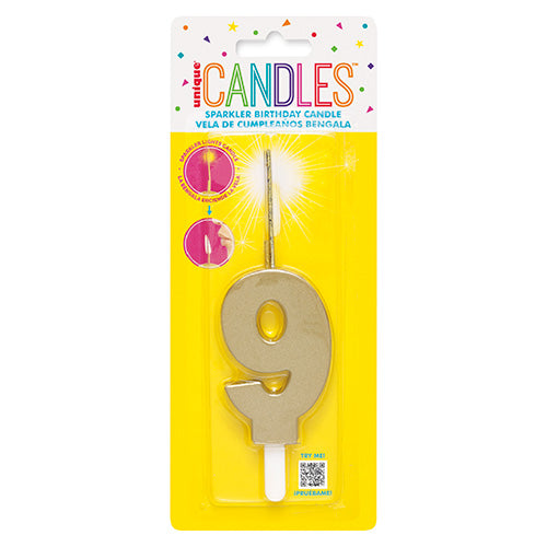 Gold Sparkler Birthday Candle Numeral 9