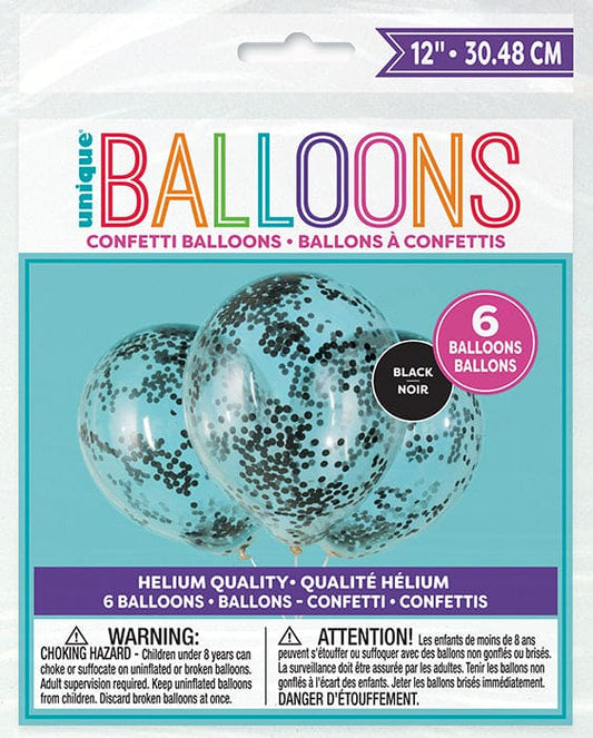 12in Clear Latex Balloons with Black Tissue Confetti  6ct