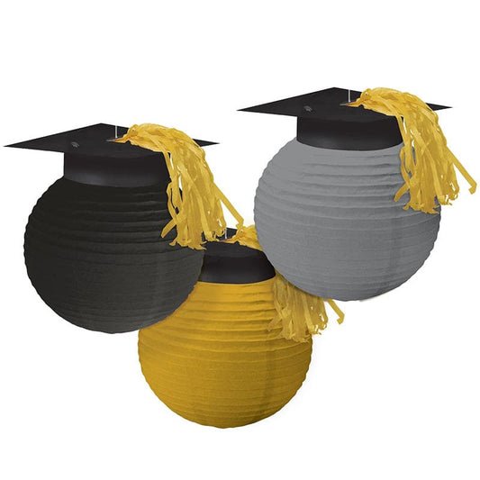 Lanterns with Grad Caps  9.5in - Black, Silver, Gold 3ct