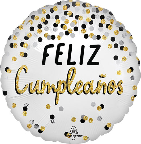 Satin Black Silver Gold Birthday Feliz Cumpleanos 28in Metallic Balloon