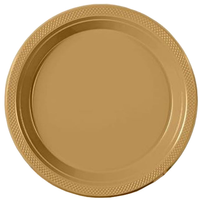 Gold 10in Round Banquet Plastic Plates 20ct