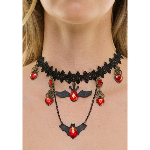 Black Bat Choker Necklace with Red Jewels