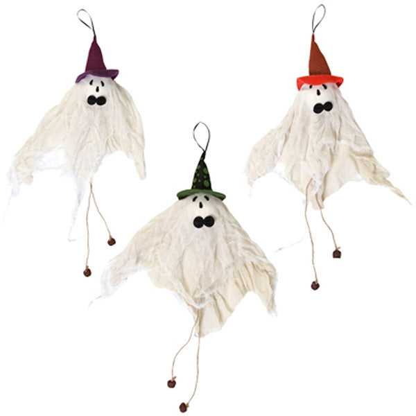Hanging Ghost With Witch Hat and Bells 1ct