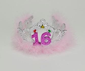 16th Birthday Silver Flashing Tiara w/ Pink Marabou Feather