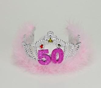 50th Birthday Silver Flashing Tiara w/ Pink Marabou Feather