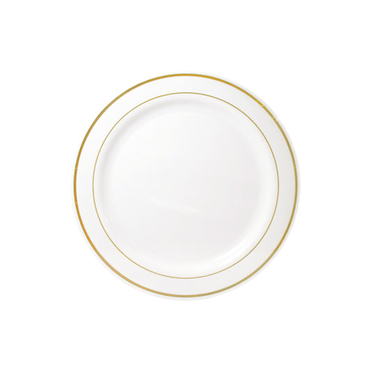 White with Gold Trim 9in Round Plastic Plates 8ct