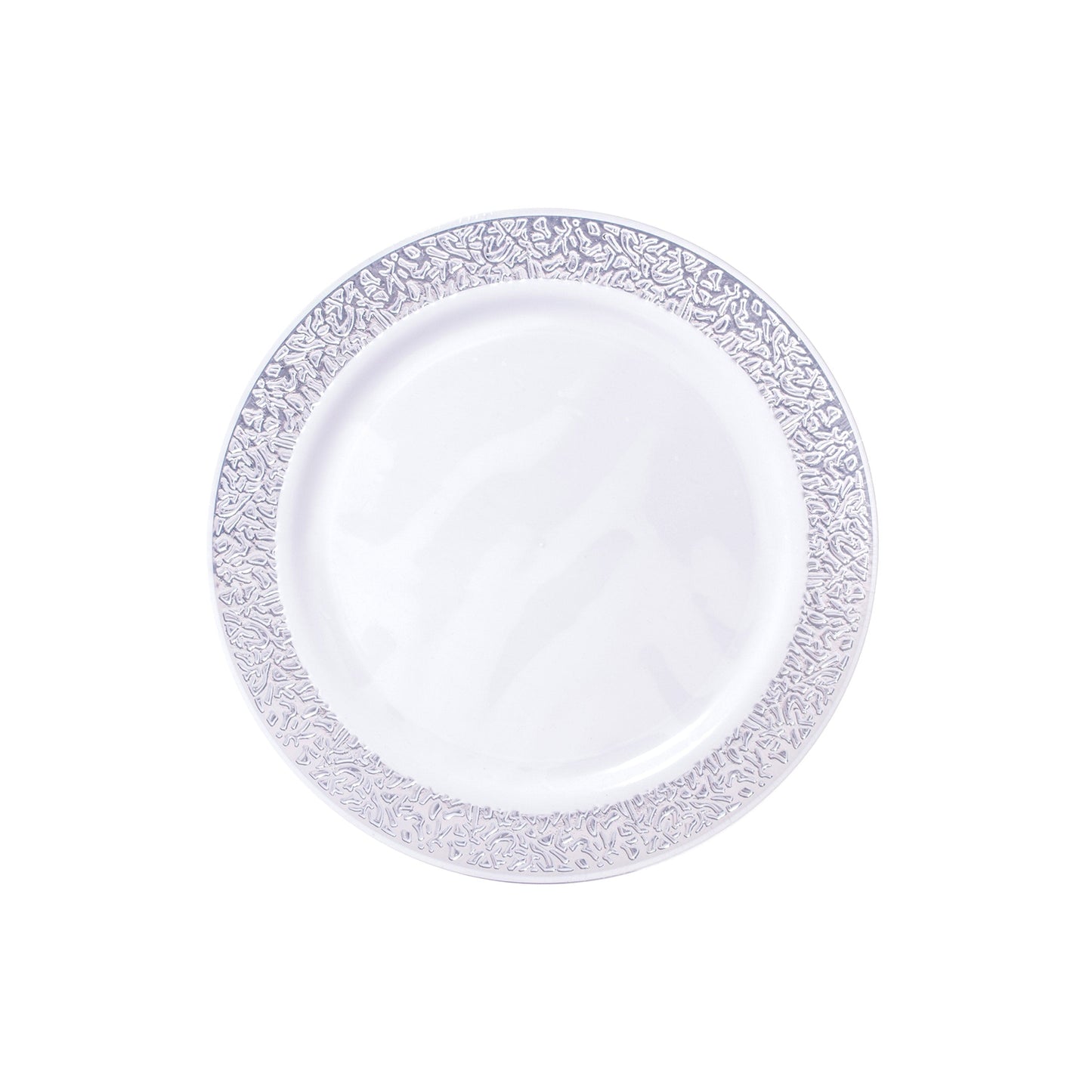 White 7.5in Round Plastic Plates with Silver Lace Border Print 14 Ct