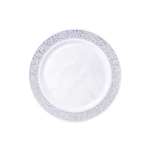 White 7.5in Round Plastic Plates with Silver Lace Border Print 14 Ct