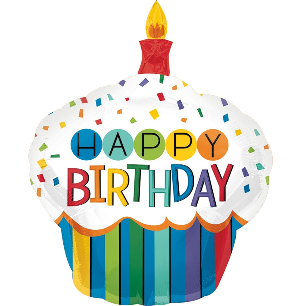 36in Happy Birthday Striped Cupcake Metallic Balloon