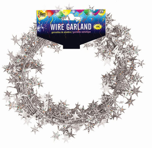 25' Wire Star Garland Holographic Silver