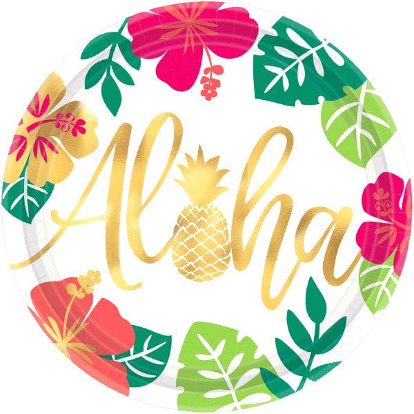 Aloha Hawaii Metallic 10.5in Round Banquet Paper Plates 8 Ct