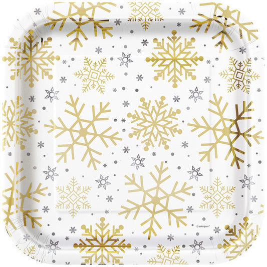 Silver and Gold Snowflakes 9in Square Dinner Paper Plates 8 Ct