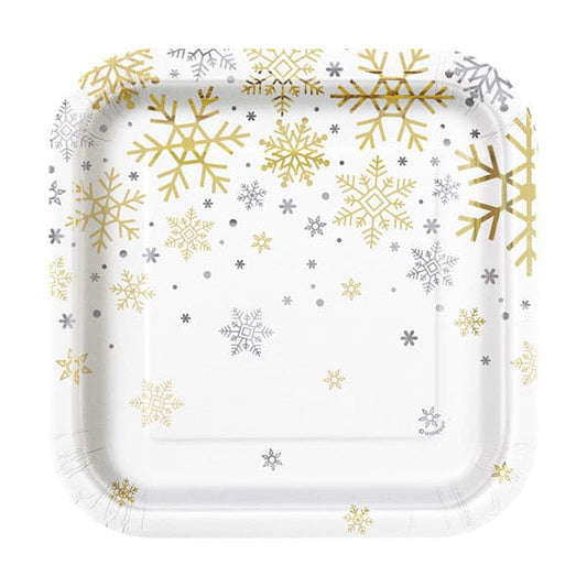 Silver and Gold Snowflakes 7in Square Luncheon Paper Plates 8 Ct