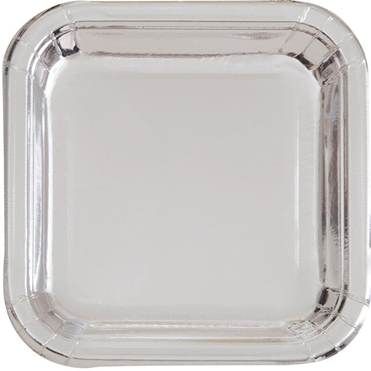 Shiny Silver Foil Square 9in Dinner Plates 8ct