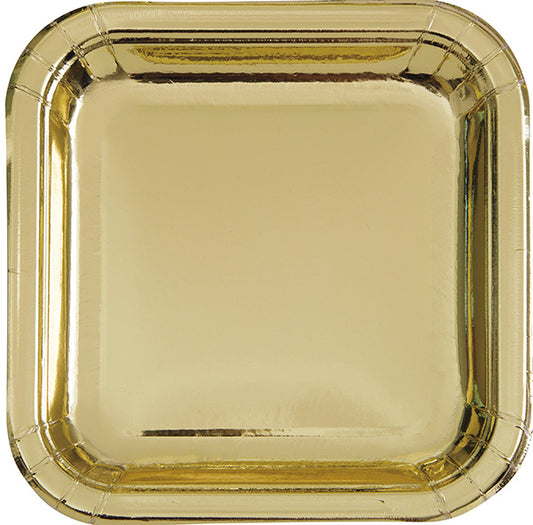 Shiny Gold Foil 9in Square Dinner Plates 8ct