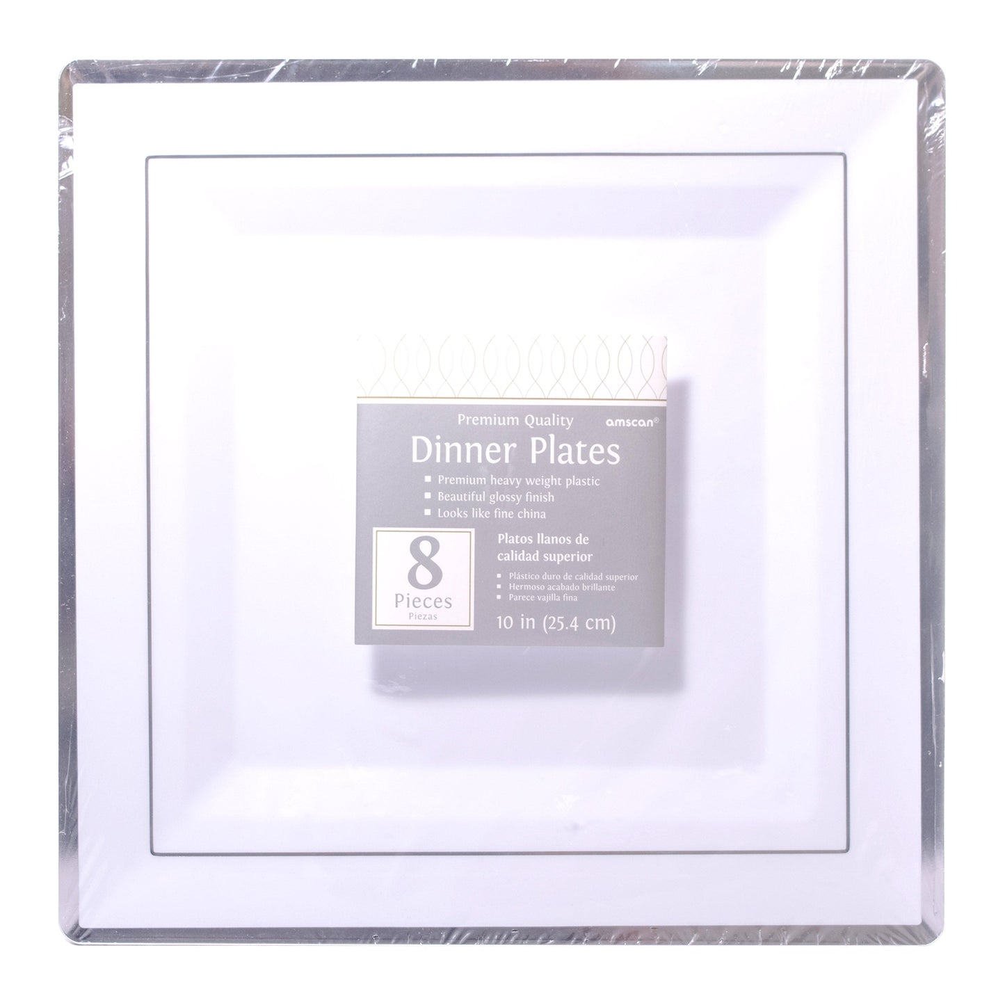 White with Silver Trim 10in Square Plastic Plates