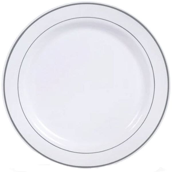 White with Silver Trim 12in Round Plastic Plates 6ct