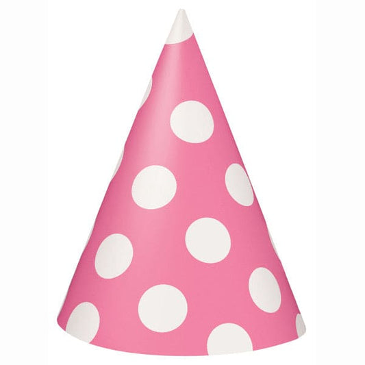 Hot Pink Dots Party Cone Hats 8ct
