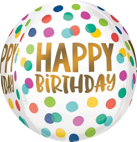 16in Orbz Happy Colorful Polka Dots & Gold Letter Happy Birthday Balloon