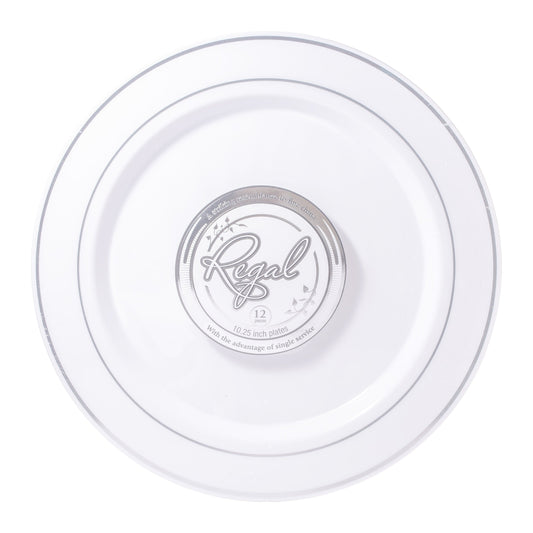 Regal 10.25in Round White With Silver Rim Plastic Plates 12ct