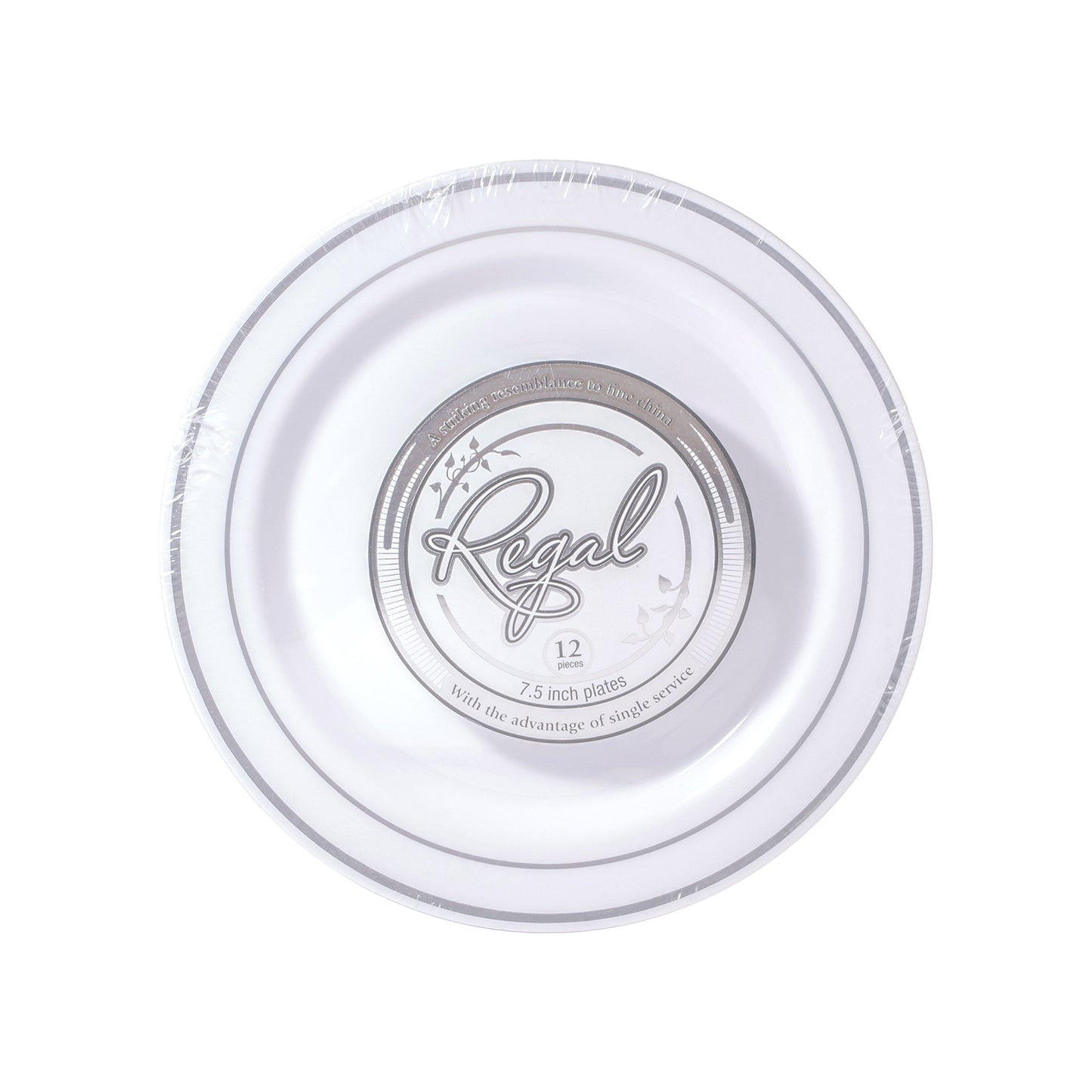 Regal 7.5in Round White with Silver Rim Plastic Plates 12ct