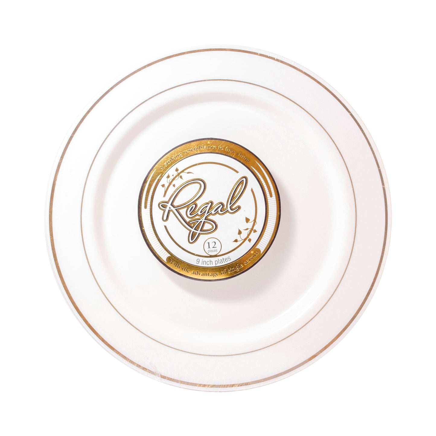 Regal 9in Round Ivory with Gold Rim Plastic Plates 12ct