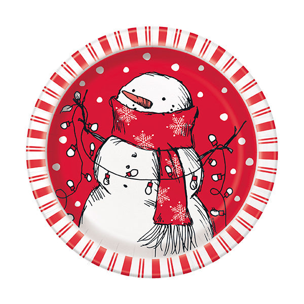 Red Stripes Snowman 7in Round Luncheon Paper Plates 8 Ct