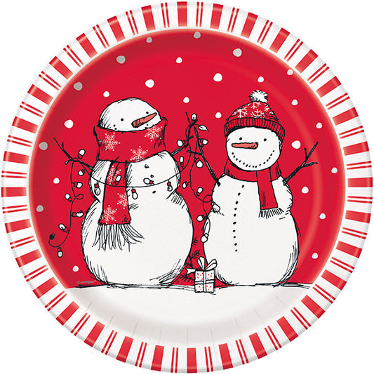 Red Stripes Snowman 9in Round Dinner Paper Plates 8ct