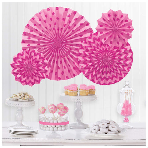 Glitter Paper Fans Bright Pink 4ct