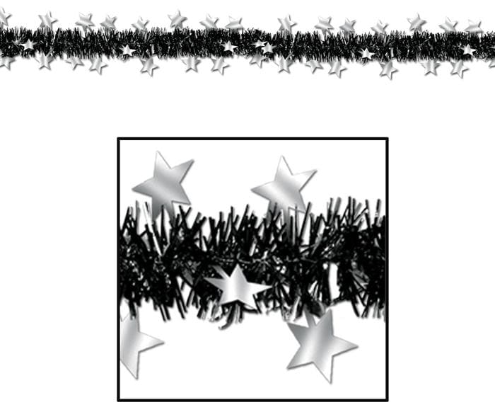 Metallic Silver Star Tinsel Garland Black/Silver 12ft