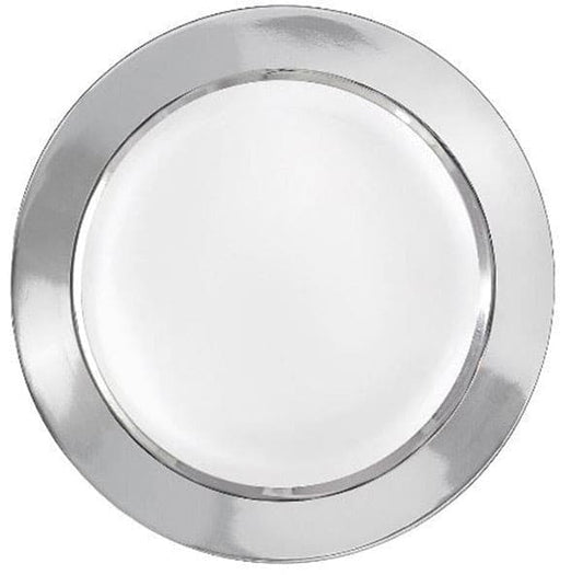 White 9in with Silver Border Round Plastic Plates 8ct