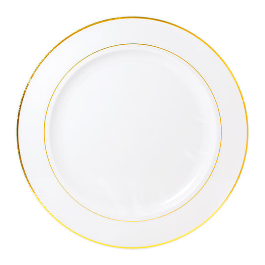 White with Gold Trim 12in Round Plastic Plates 6ct