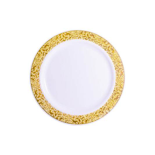 White 7.5in Round Plastic Plates with Gold Lace Border Print 14ct