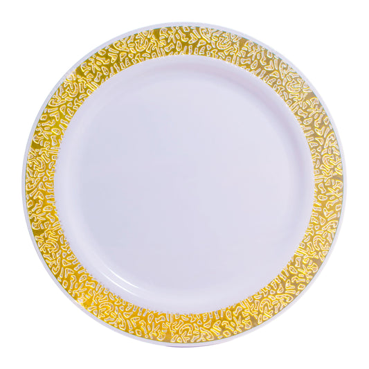 White 10in Round Plastic Plates with Gold Lace Print 8ct