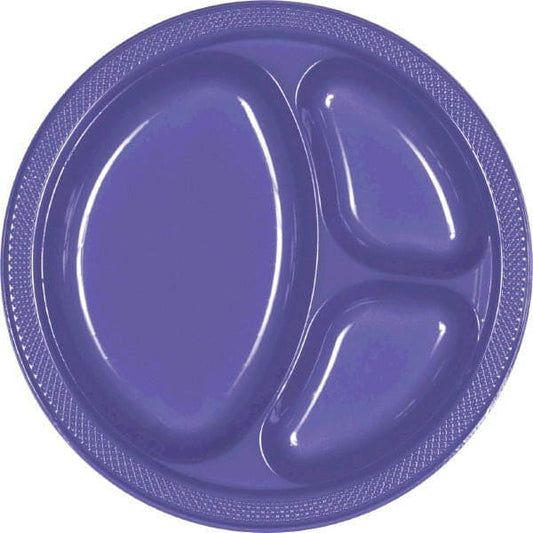 New Purple 10.25in Round Divided Plastic Plates 20 Ct