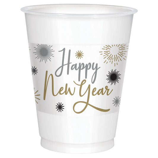 Happy New Year Printed Plastic 16oz Cups Black, Silver & Gold 25 Ct.