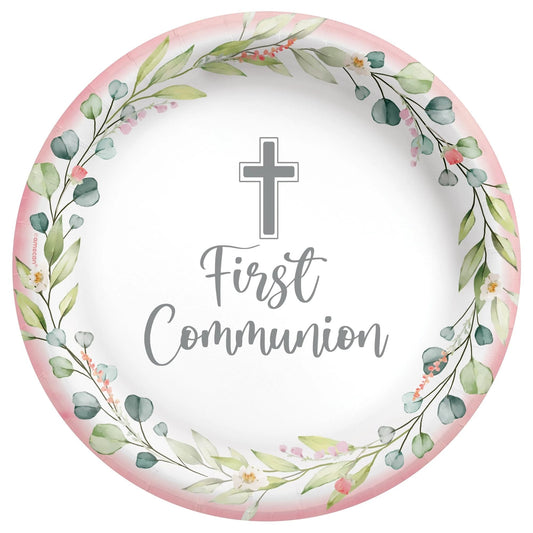 My First Communion - Pink 7in Round Luncheon Paper Plates 20ct