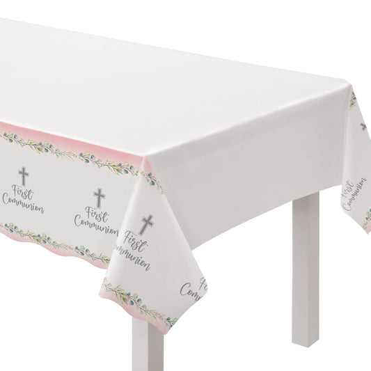 My First Communion 54in x 102in Plastic Table Cover - Pink 1ct