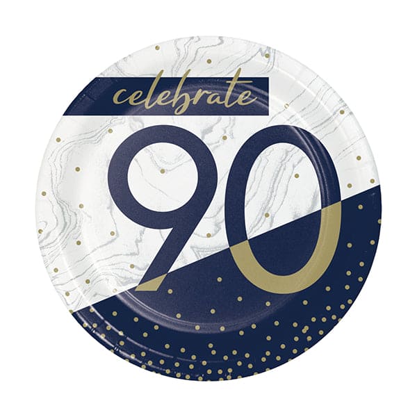 Navy & Gold Milestone 90th 7in Round Luncheon Paper Plates 8ct