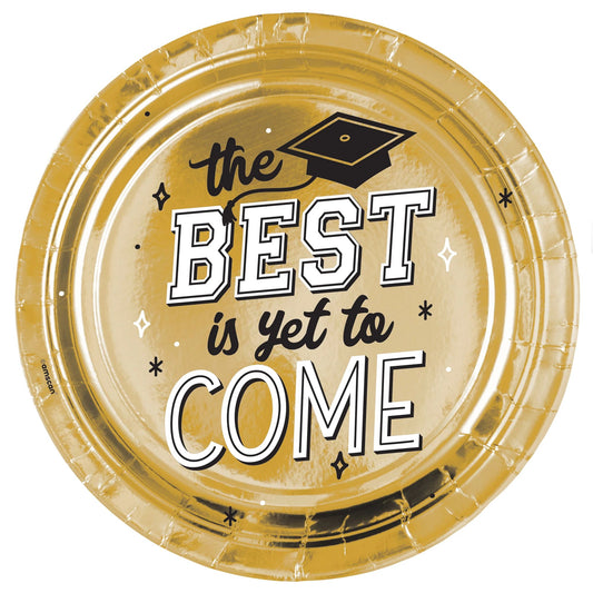 The Best Is Yet To Come 10.5in Metallic Round Banquet Paper Plates 8ct