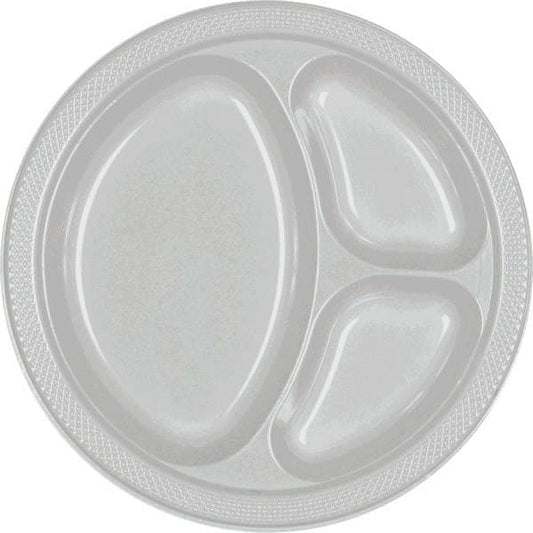 Silver 10.25in  Divided Round Plastic Plates 20 Ct