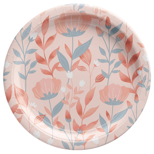 Rose Gold Floral Metallic 10in Round Dinner Plates 20 Ct