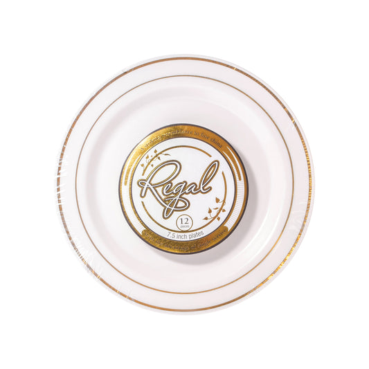 Regal 7.5in Round Ivory with Gold Rim Plastic Plates 12ct
