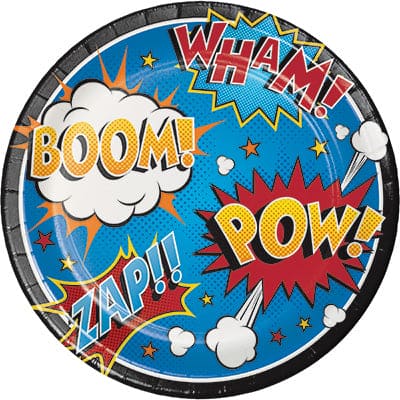 Super Hero Pow Boom 9in Round Dinner Paper Plates 8ct