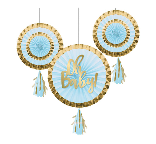 Oh Baby Blue and Gold Foil Paper Fans with Tassles